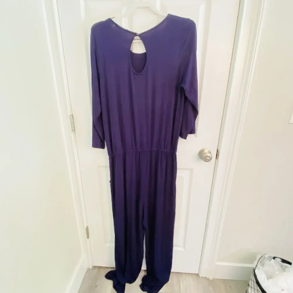 Annabelle 3/4 Sleeve Gathered Waist Navy Knit Jumpsuit with Keyhole Back Lge NWT